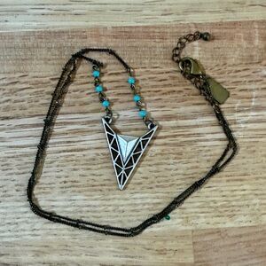American Eagle Outfitters Silver Geometric V Necklace with Turquoise Beads